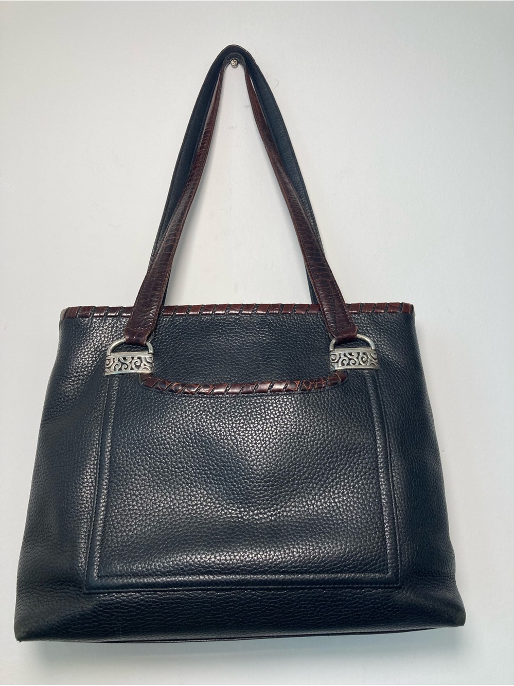 Vintage Brighton Black Pebbled Leather Tote Bag Brown Croc Trim Silver Scroll